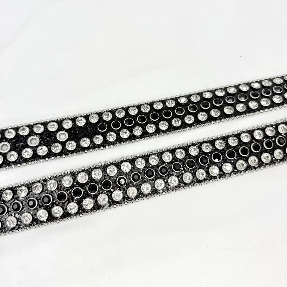 Western Rhinestone Studded Black Glitter Leather Glam Belt with Metal Buckle